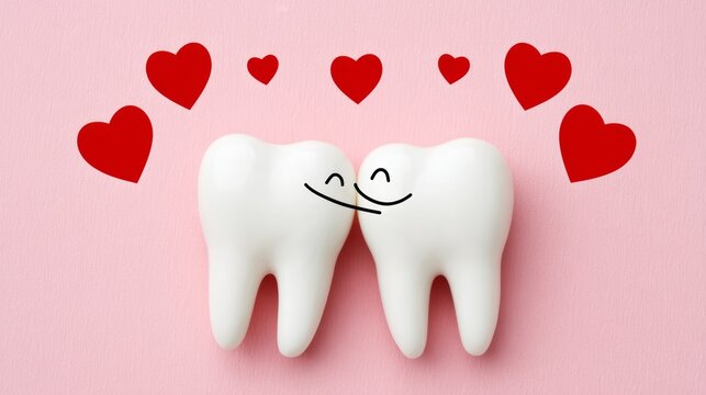 Two teeth are hugging each other with hearts surrounding them. Concept of love and affection