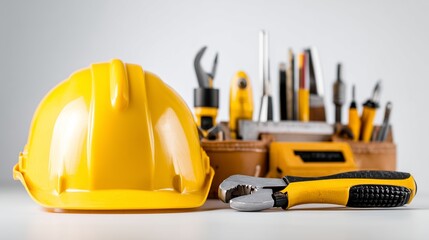 Fototapeta premium Yellow safety helmet placed next to construction tools on white