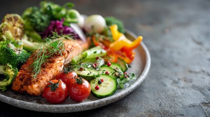 Vibrant plate of nutritious food featuring fresh vegetables, lean proteins, and whole grains