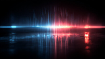 Vibrant blue and red light waves pulse across a reflective surface depicting twin energy frequencies in dynamic equilibrium.