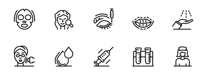 Cosmetology and Skincare Line Icons:  A Modern, Minimalist Set of Black and White Illustrations Depicting Facial Treatments, Injections, and Lab Research for Cosmetic Procedures.
