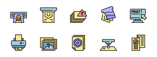 Colorful Flat Design Icons: Printing, Document Workflow, and Digital Printing Process;  Error and Success Visuals.