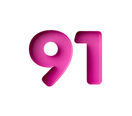 Vibrant pink number 91 Ninety one in bold gradient font with a slight shadow effect, 3d illustration