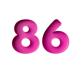 Vibrant pink number 86 Eighty six in bold gradient font with a slight shadow effect, 3d illustration