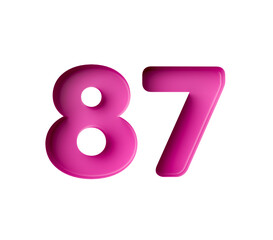 Vibrant pink number 87 Eighty seven in bold gradient font with a slight shadow effect, 3d illustration