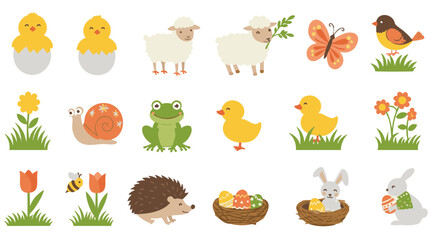 Obraz premium Spring animals for Easter flat icon set vector isolated