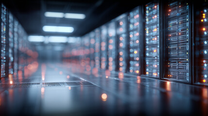Dimly lit data center corridor lined with server racks glowing red LEDs storing critical information.
Depicts secure cloud infrastructure underpinning big data processing and enterprise resilience.