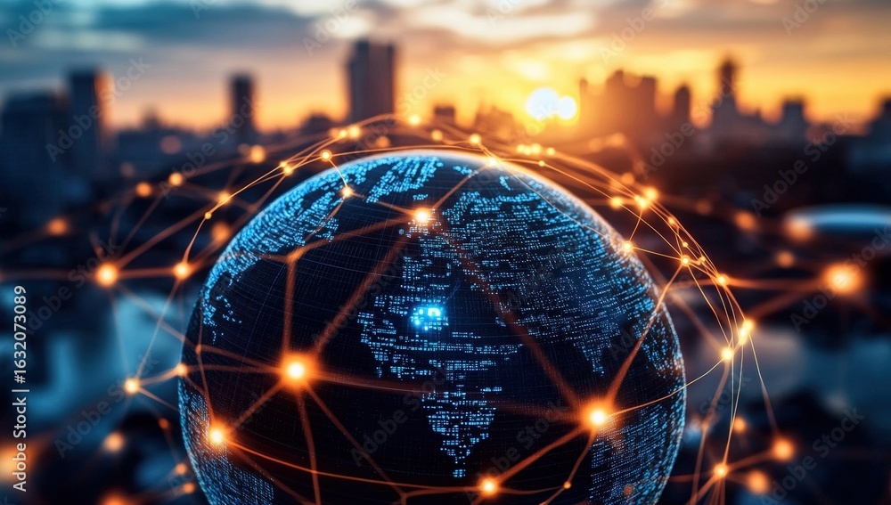 Poster a glowing globe connected by lines representing global networks with a city skyline at sunset in the