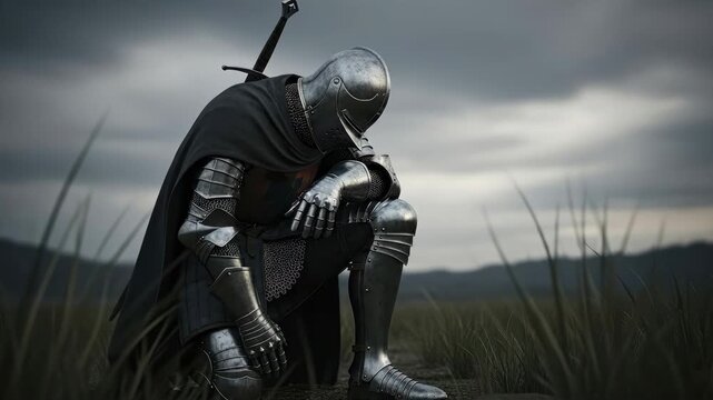 A Solemn Knight in Prayer: The Weight of Duty and Honor in a Medieval Landscape, A Knight's Burden: Contemplation and Reflection on the Battlefield