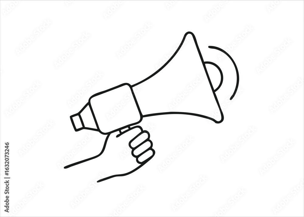Poster a singular line art drawing depicting a megaphone used for making announcements with a clear continu