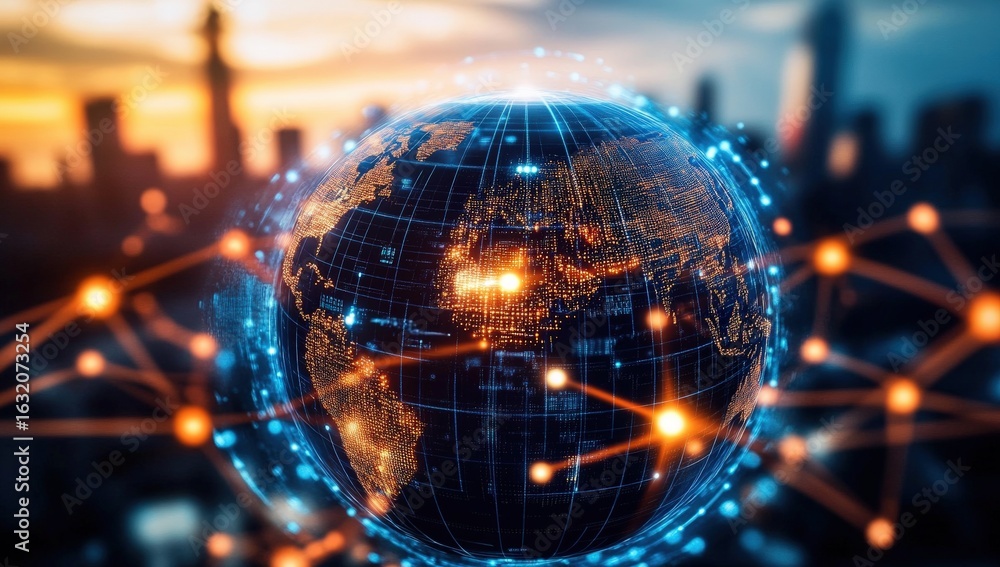 Poster a glowing digital globe is surrounded by interconnected lines and nodes, symbolizing global connecti