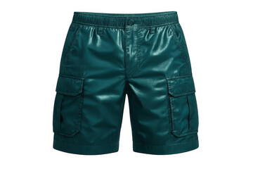 Studio shot of teal cargo shorts with a slight sheen, isolated on a transparent background, ideal for fashion projects