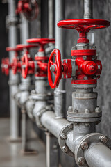 Exploring the intricate design of industrial water systems with vibrant red valves and sleek pipes