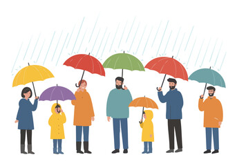 Illustration Vector of People with Umbrellas in the Rain Modern Family Illustration Art Colorful Weather Design