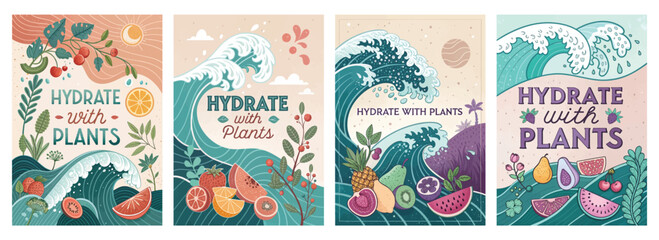 Fototapeta premium Set of four posters highlighting hydration with artistic waves and fruits