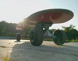 Skateboard on paved ground at sunset, low angle shot with sun flare, urban leisure and adventure concept.