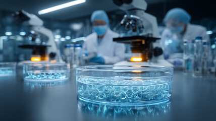 Researchers analyze crystal clear hydrogel samples under glowing microscopes.
Showcases collaborative laboratory work advancing medical materials and regenerative science.