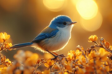 Close-up of a Small Blue and White Songbird Perched on Yellow Blossoms Du Sunset with Warm Golden Background