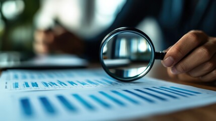 A person examines financial charts through a magnifying glass, highlighting attention to detail and analysis in a professional setting.