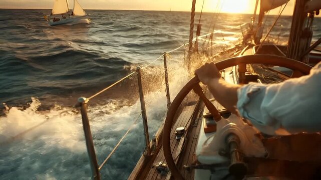 sailboat navigating the ocean during sunsetpersons hands on the helm of a sailboat during sunsetboat.