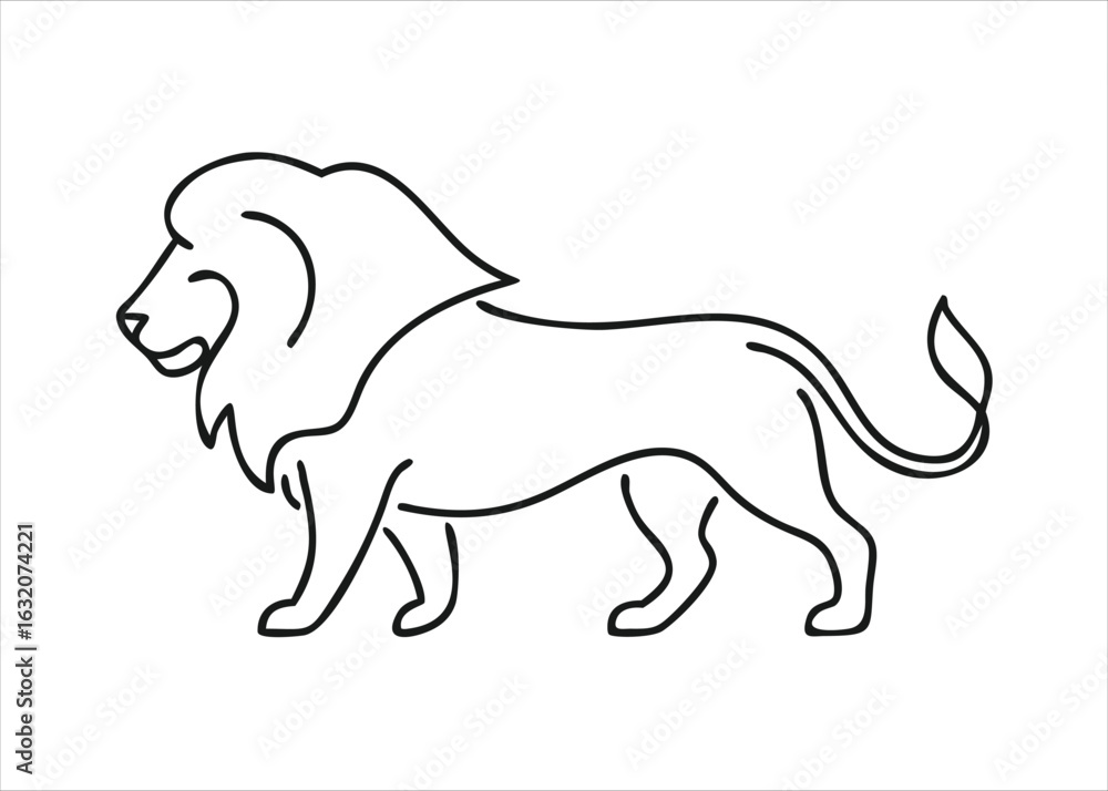 Poster a majestic lion with a flowing mane depicted in a single continuous line drawing style artfully rend
