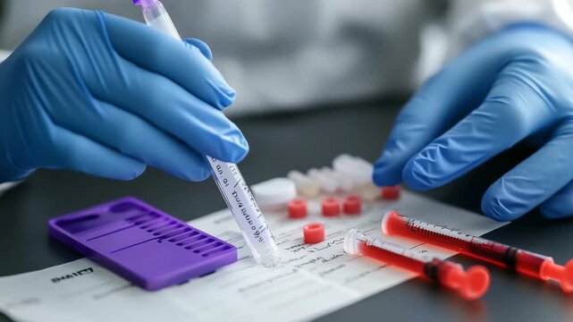 Gloved hands holding vial, writing on form with blood samples, vials nearby, capturing lab process blood analysis for medical research or diagnosis with focus on precision, accuracy.
