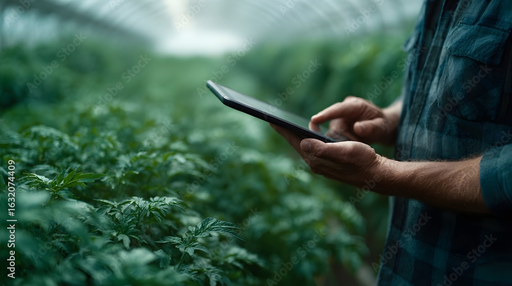Aufkleber a farmer using a cloud based farm management platform on a mobile device in a greenhouse