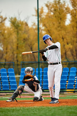 Obraz premium Teenage boys enjoying a lively baseball game on a vibrant field in autumn