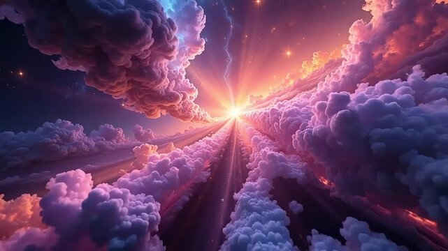Stunning celestial journey through vibrant, glowing clouds with dramatic light rays and starry sky.
