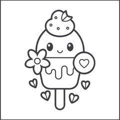 Kawaii ice cream coloring page, cute dessert cartoon line art for kids, happy smiling ice cream cone illustration, fun black and white printable activity sheet, children’s coloring book vector