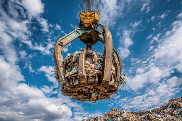 Metal scrap grab cranes at work lifting discarded materials against a backdrop of blue sky and fluffy clouds