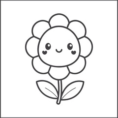 Kawaii flower coloring page, cute smiling flower cartoon line art illustration for kids, adorable black and white floral printable, children’s activity sheet, fun coloring book vector