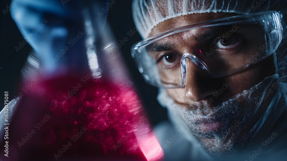 Poster scientist closely examining a liquid sample in a laboratory setting