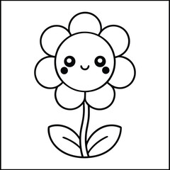 Kawaii flower coloring page, cute smiling flower cartoon line art illustration for kids, adorable black and white floral printable, children’s activity sheet, fun coloring book vector