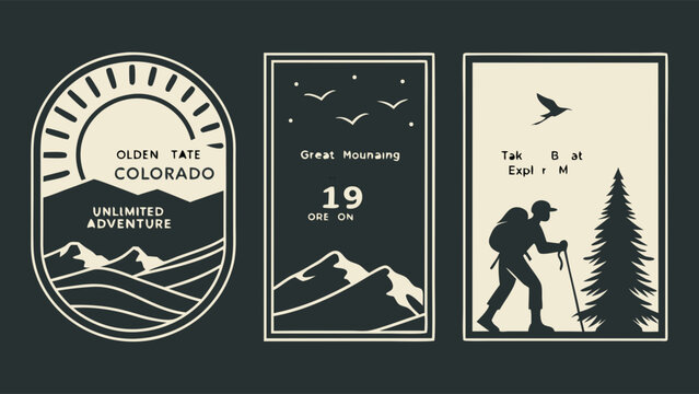 Illustrated Adventure Badges Featuring Mountains Sun and Hiker Silhouettes.