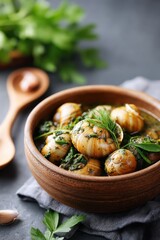 Delicious snail curry served in a traditional bowl with fresh herbs and spices