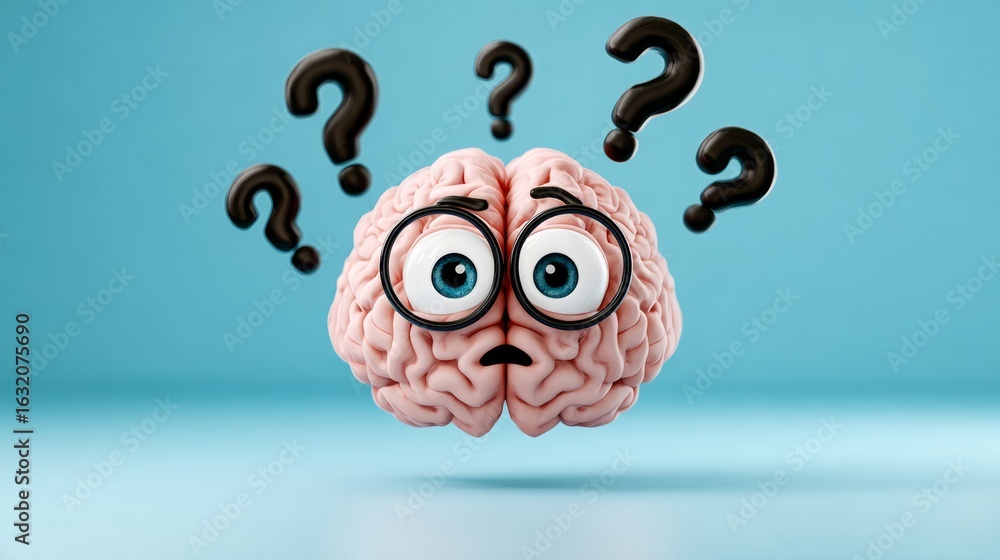 Poster cartoon brain with two eyes and glasses is looking up at the camera with a puzzled expression. the b
