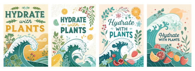 Set of four posters with colorful hydration slogans and vibrant nature elements