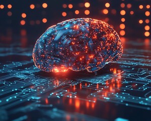 Human brain connected to computer, digital circuits flowing through neural pathways, AI technology concept, futuristic design, glowing brain, hightech visualization, 3D digital art