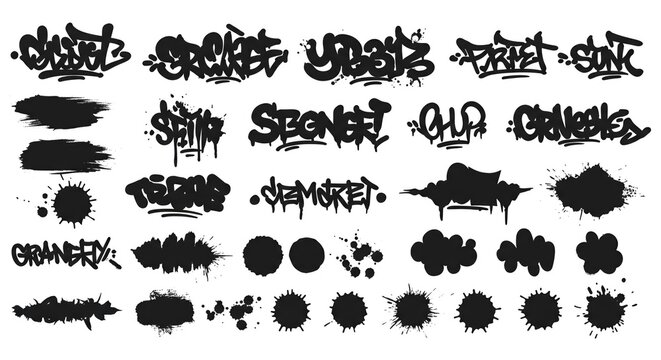 Full collection of distressed textures including paint drips, stencil marks, spray paint effects, brush lines, and ink blots.
