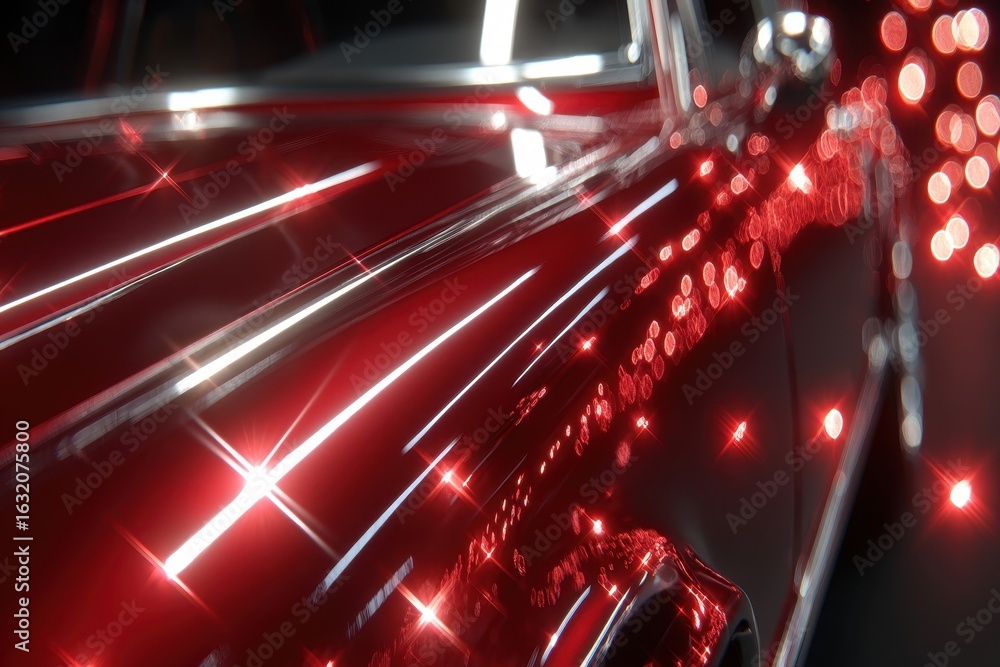 Poster dynamic light reflections on a glossy red car surface with vivid bokeh.