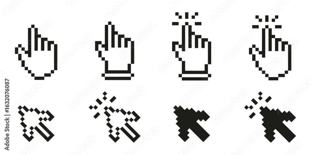 Poster pixel art cursor and hand click icon set. digital interaction and navigation symbol collection. retr