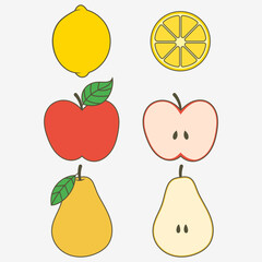 Flat fruit set with apple, pear and lemon. Vector illustration