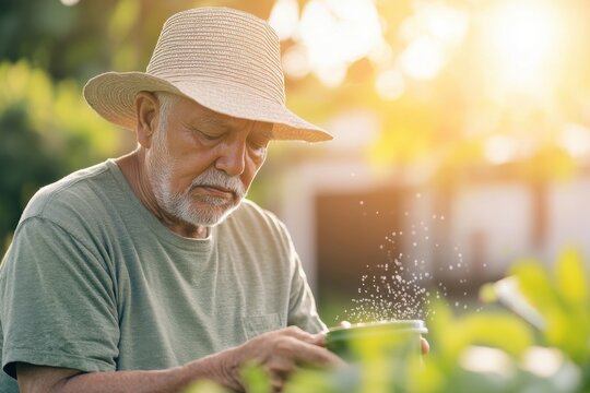 Senior Hispanic man practices sun safety while gardening outdoors in the afternoon light