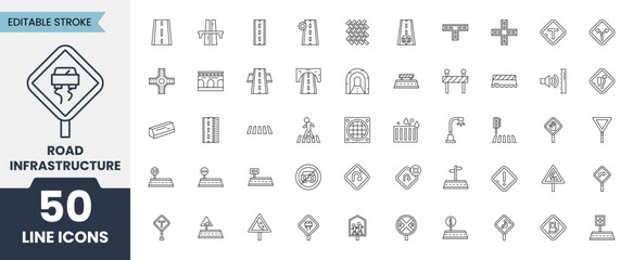 Road Infrastructure icon set. Editable stroke. Vector illustration