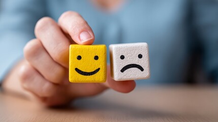 Person is holding two wooden blocks with a smiley face and a sad face on them. The blocks are placed on a table