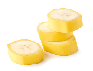 Stack of banana slices on white background