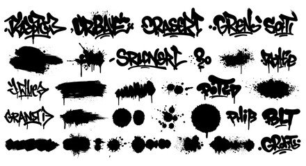 Full collection of distressed textures including paint drips, stencil marks, spray paint effects, brush lines, and ink blots.
