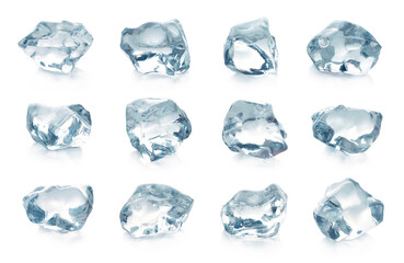 Crystal clear pieces of ice isolated on white background