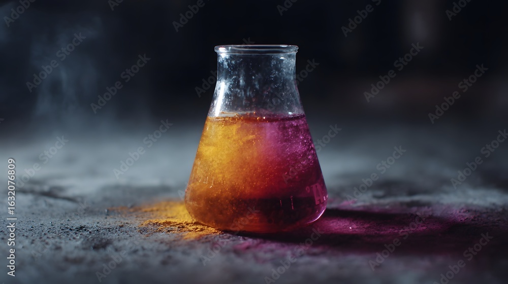 Poster chemical reaction with color change in flask under experimental lighting